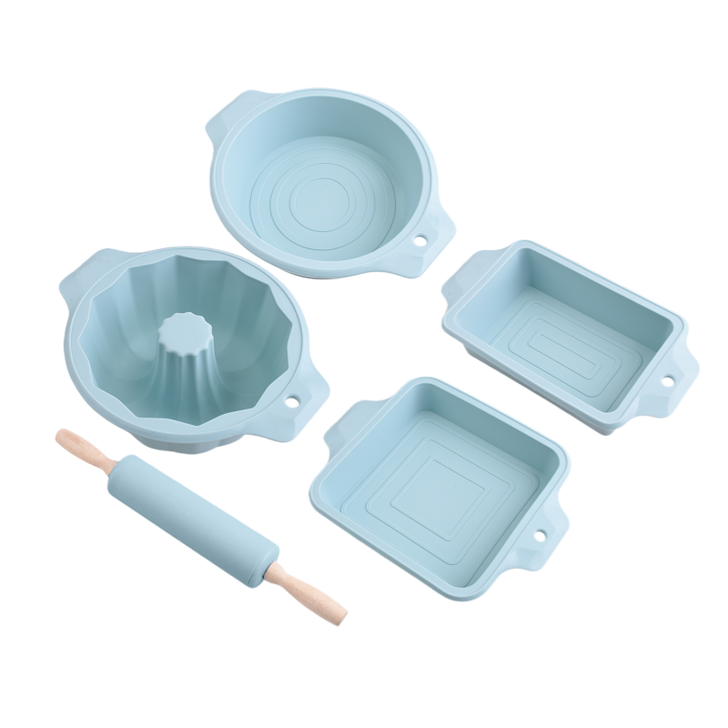 Light blue silicone baking tool set by Kitlucy, includes cake mold, round, square, and rectangular pans, plus silicone rolling pin, heat-resistant, easy-release, suitable for kitchenware wholesale